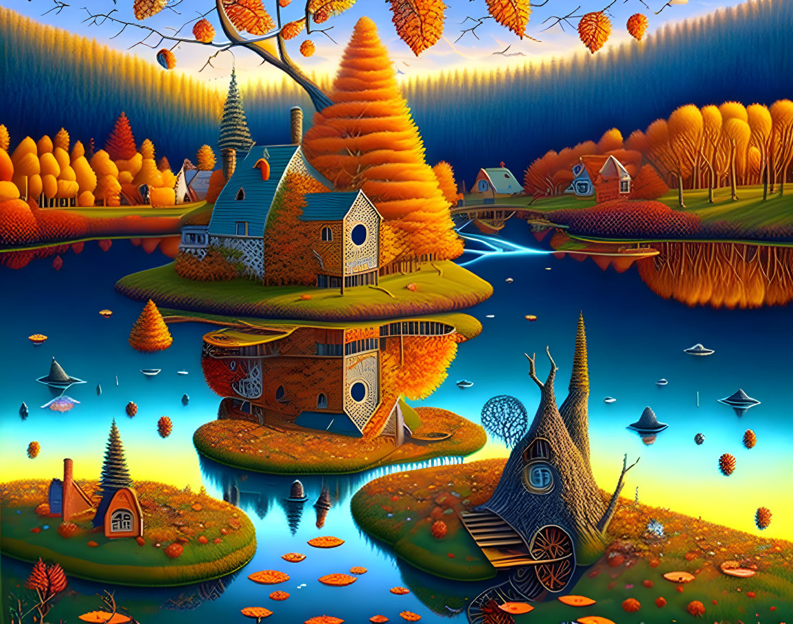 Colorful autumn landscape with floating islands, whimsical houses, and serene river