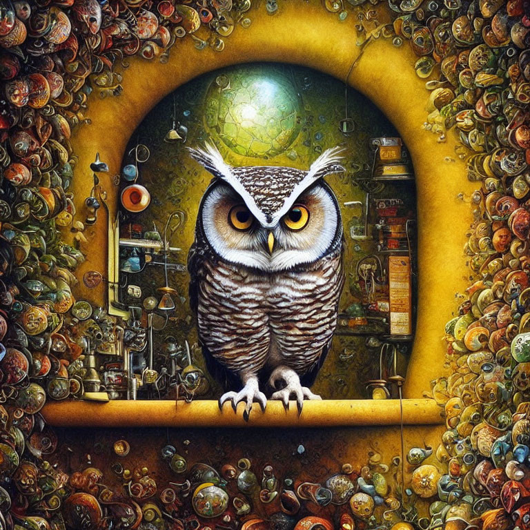 Owl perched in eclectic nook with intricate details