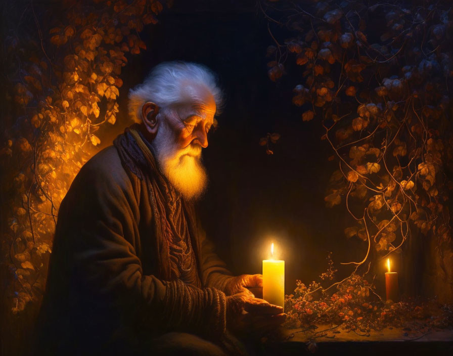 Elderly man with white beard gazes at lit candle in dark, leafy setting