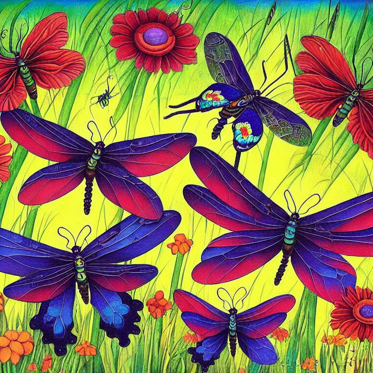 Colorful Dragonflies, Butterflies, Bee, and Flowers on Yellow-Green Background