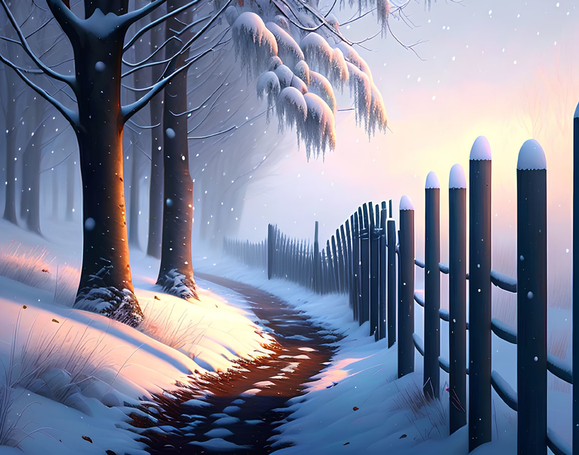Snow-covered landscape with path, fence, falling snow, trees, and twilight sky.