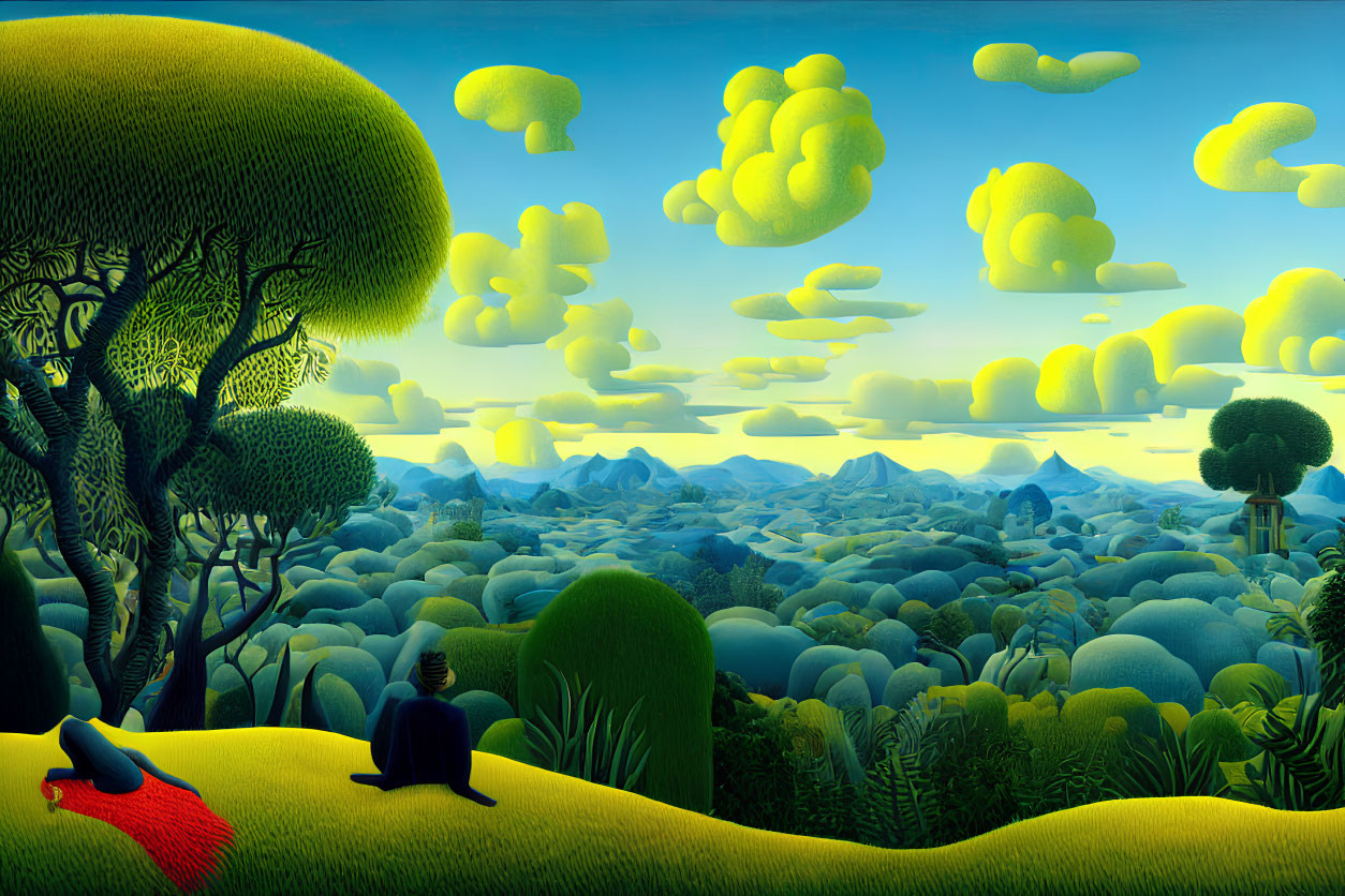 Surreal landscape with stylized trees and person sitting thoughtfully.