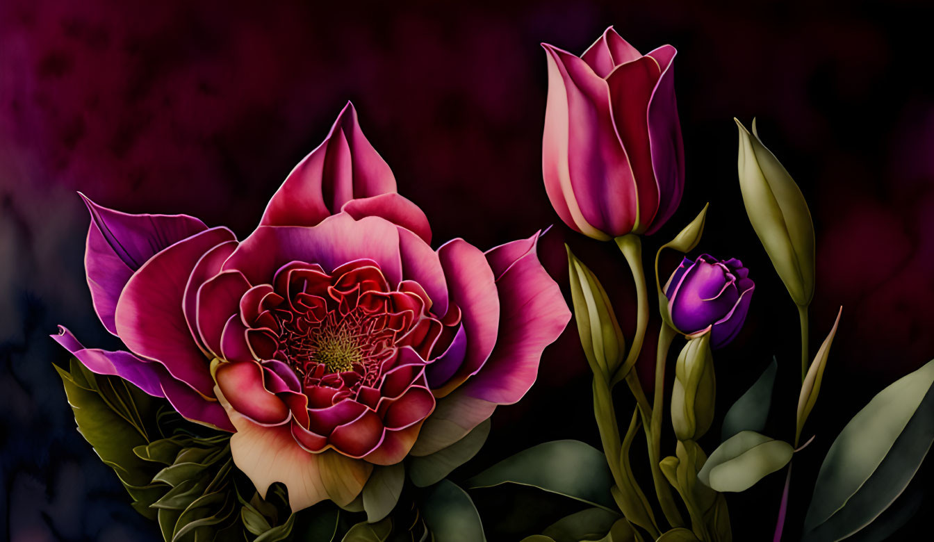 Vibrant pink and purple tulips on dark, moody background