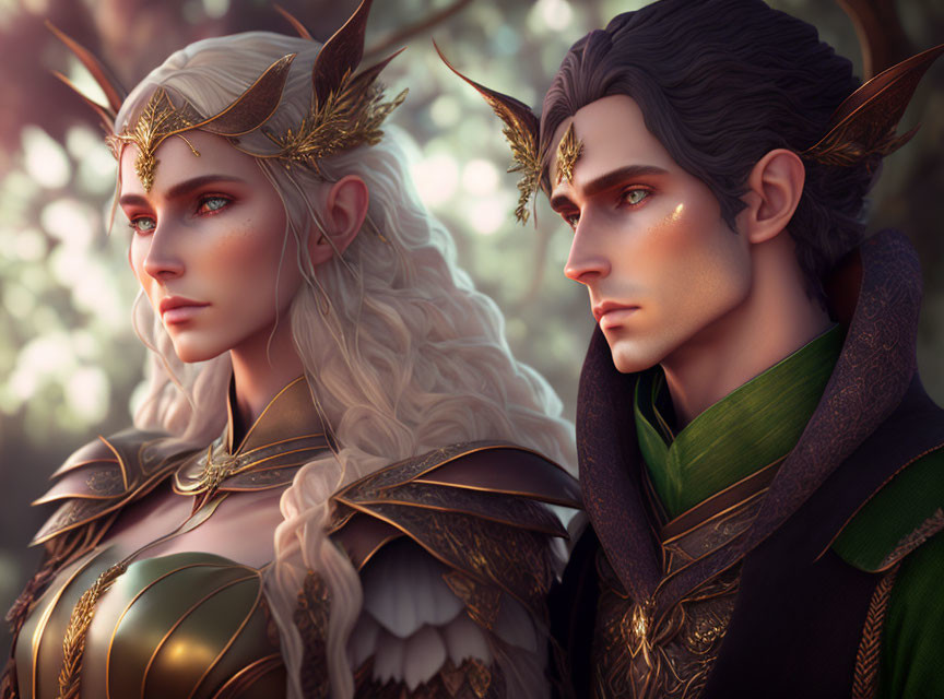 Regal elves in golden armor in mystical forest setting