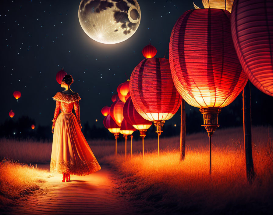 Person in elegant dress surrounded by red lanterns under night sky with large moon.