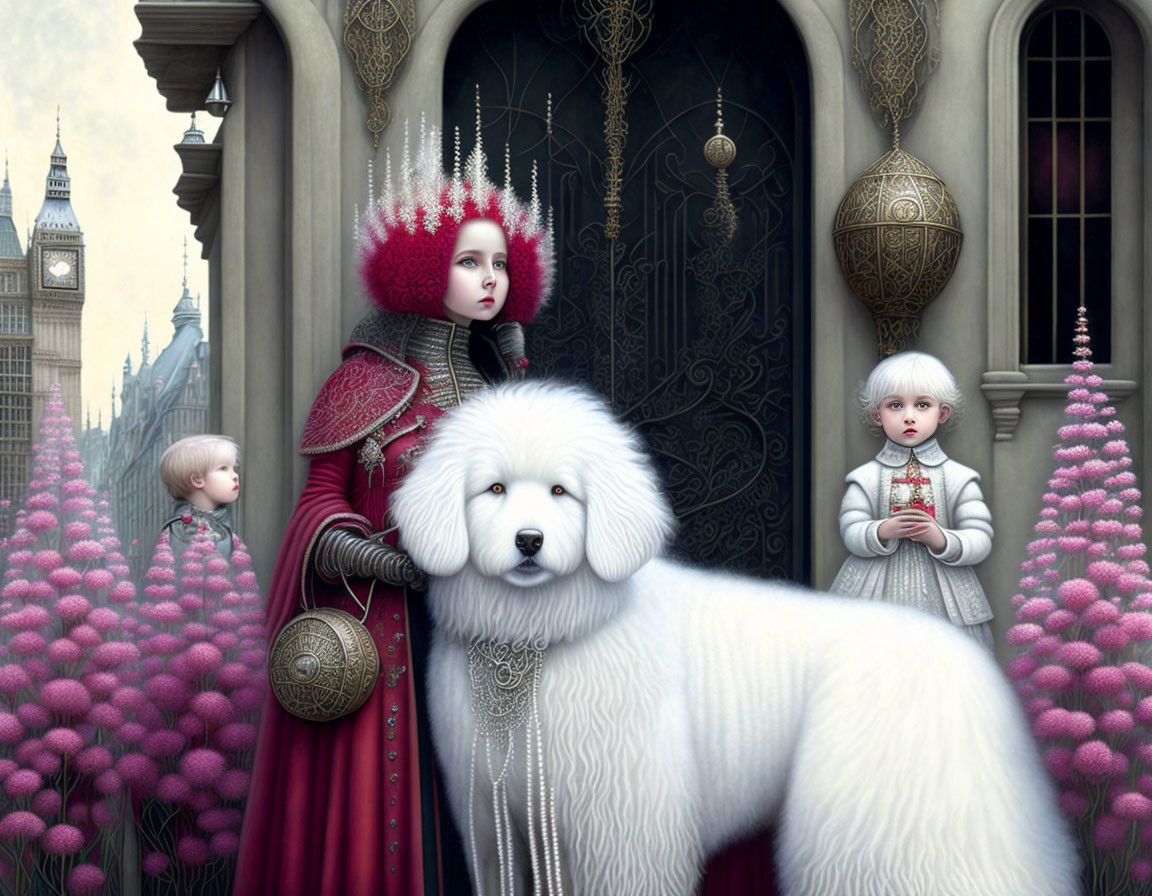 Surreal painting featuring woman in red dress, white dog, children, and whimsical architecture.