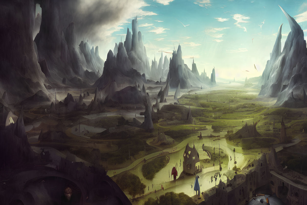 Fantasy landscape with towering spires, verdant plains, castle, mountains, and sky