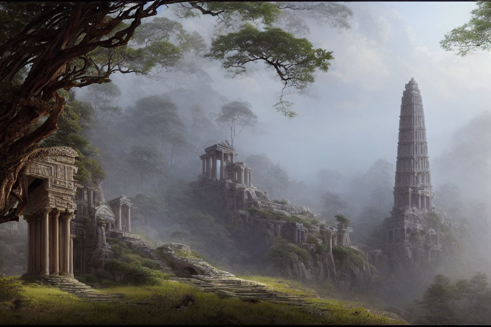 Ancient ruins in lush forest with tall tower and classical architecture.