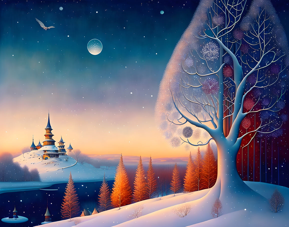 Winter landscape with vibrant tree, castle, and full moon.
