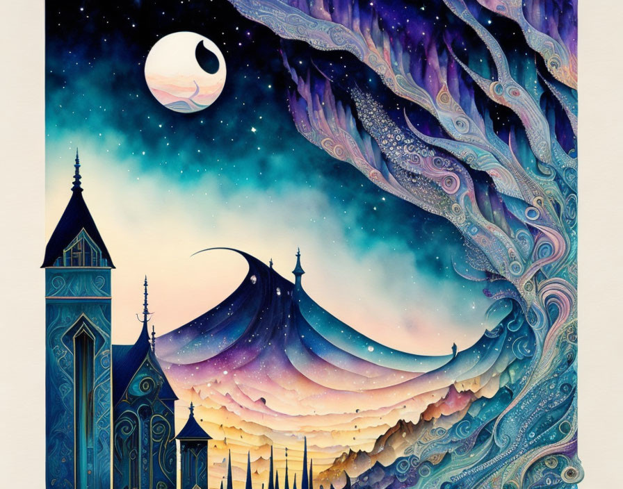 Surreal artwork: Starry night sky, flowing patterns, stylized architecture, crescent moon