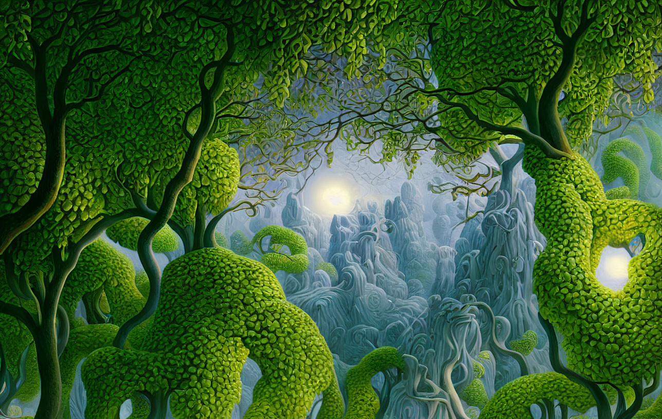 Vivid surreal forest landscape with stylized green trees and misty blue mountains