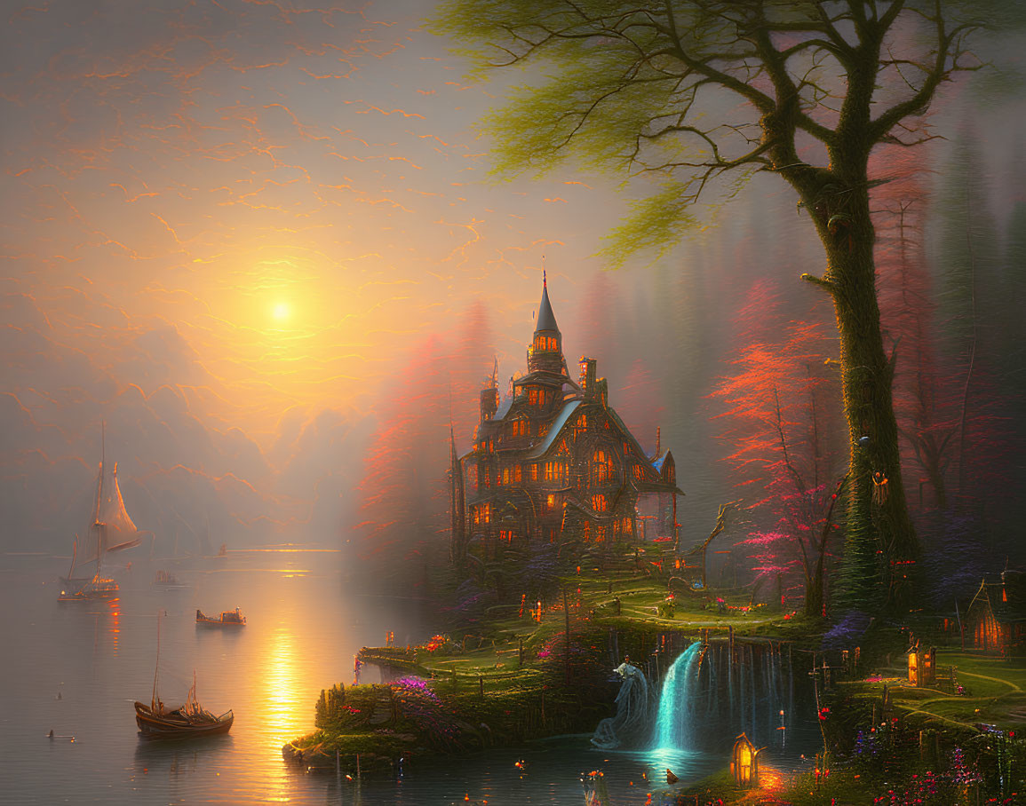 Grand illuminated house by lakeside with autumn trees, waterfall, boats, and warm sunset sky