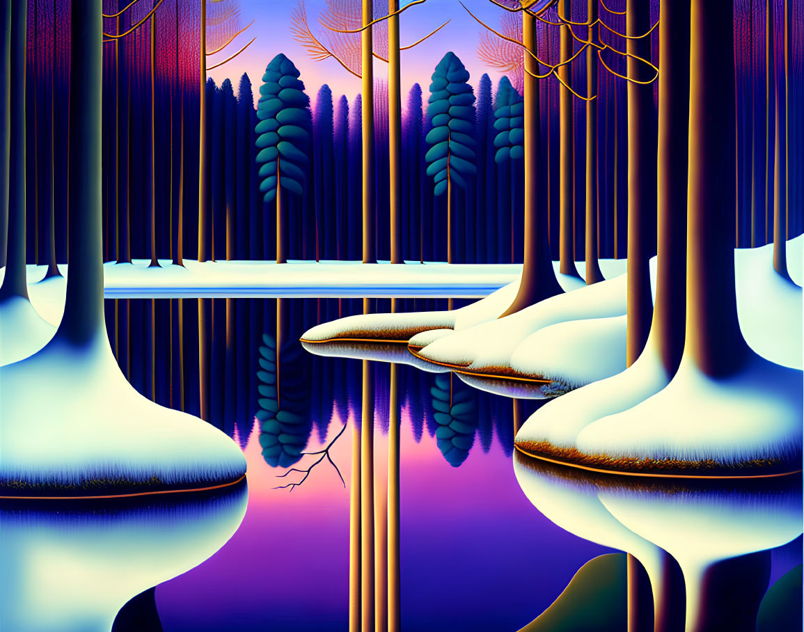 Snow-covered trees reflected in a purple lake under a twilight sky