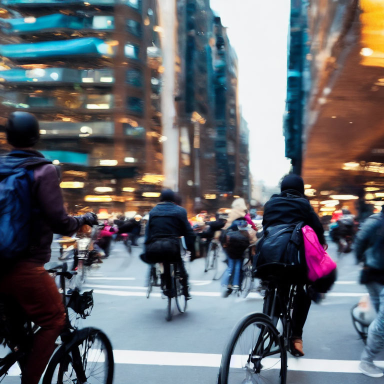 Busy city street with cyclists in motion at twilight