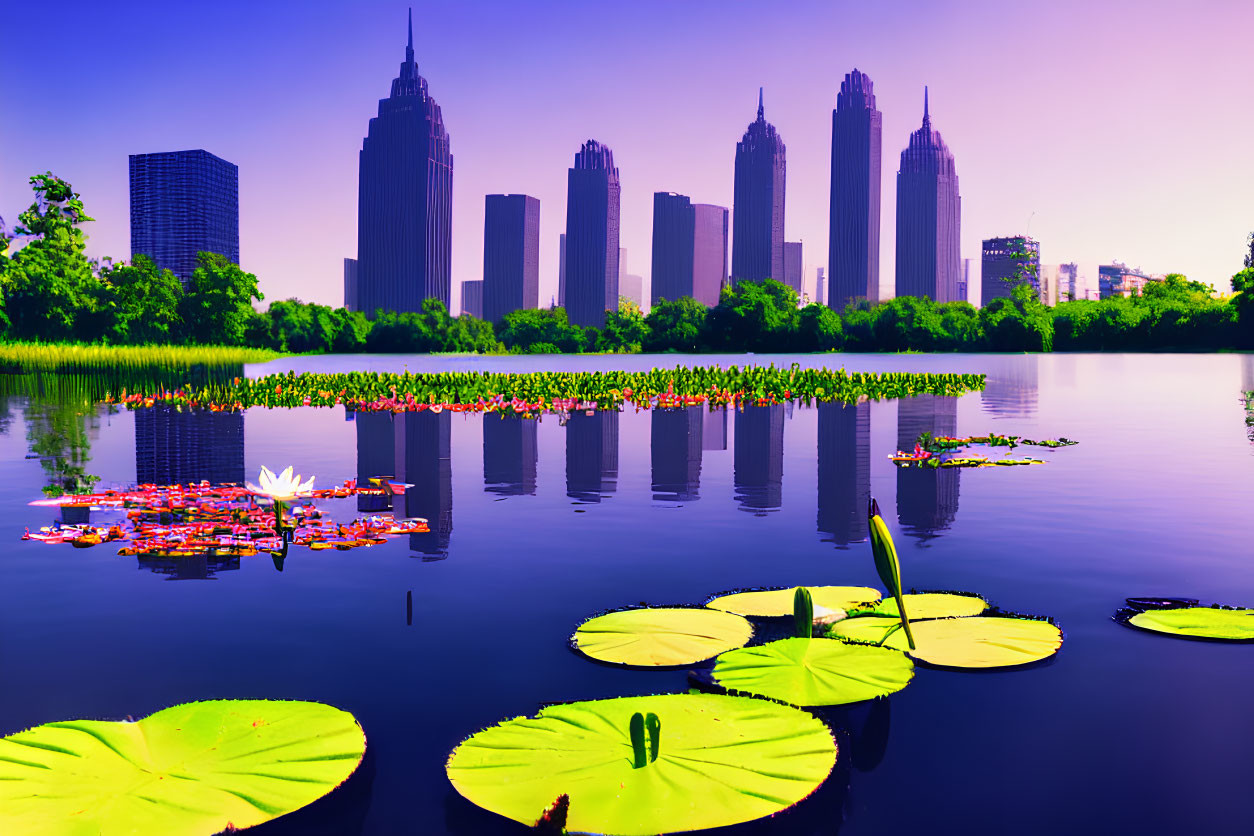 Cityscape reflected on tranquil lake with water lilies and lotus flowers under purple sky