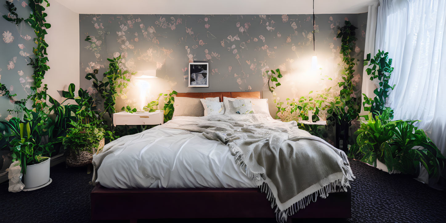 Floral wallpaper bedroom with double bed and plants