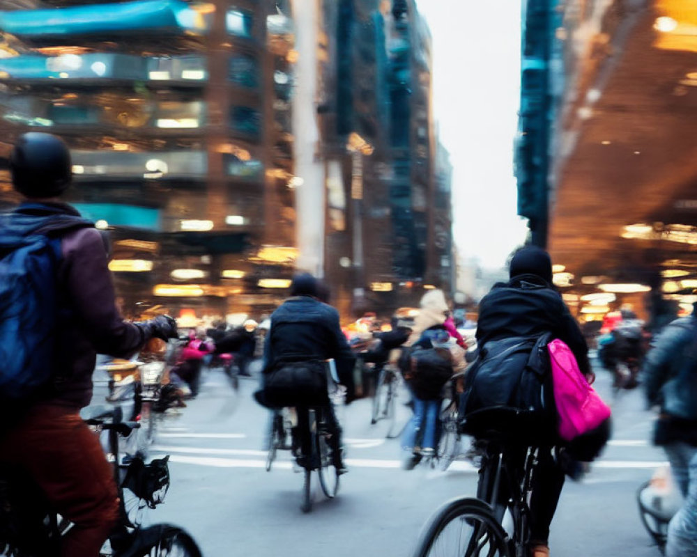 Busy city street with cyclists in motion at twilight