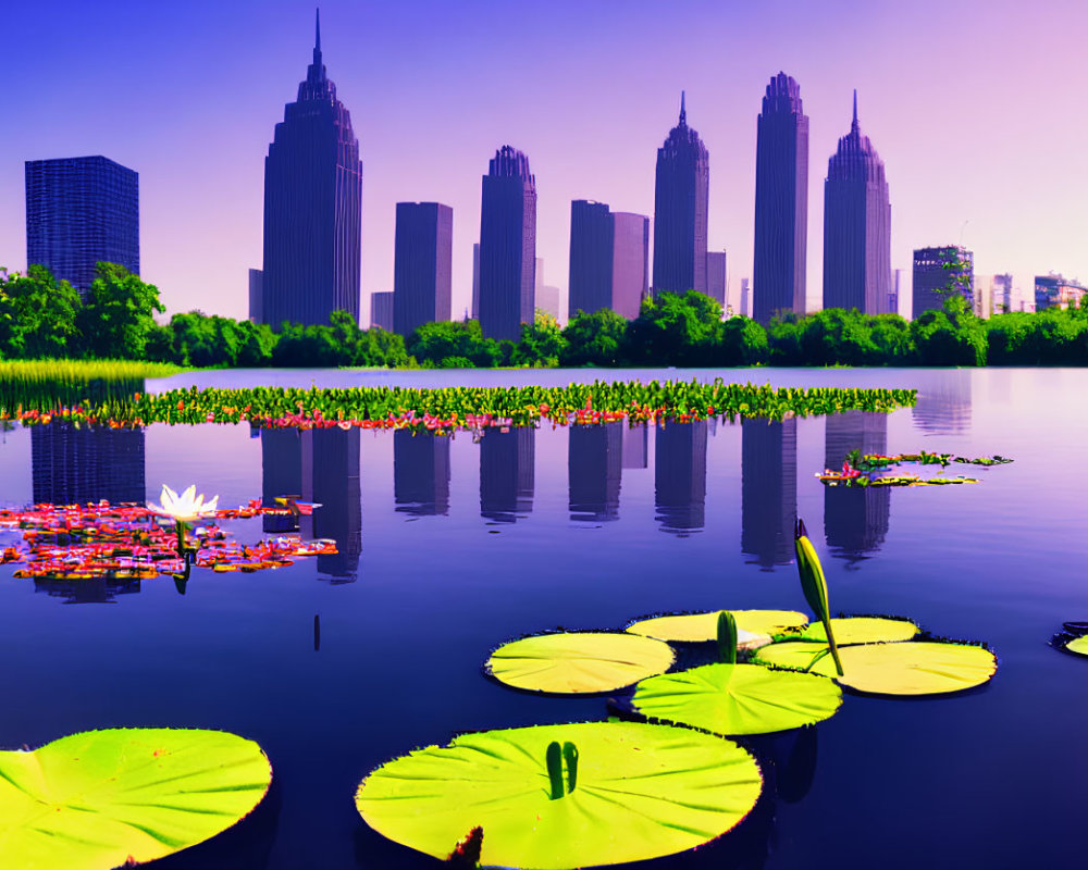 Cityscape reflected on tranquil lake with water lilies and lotus flowers under purple sky