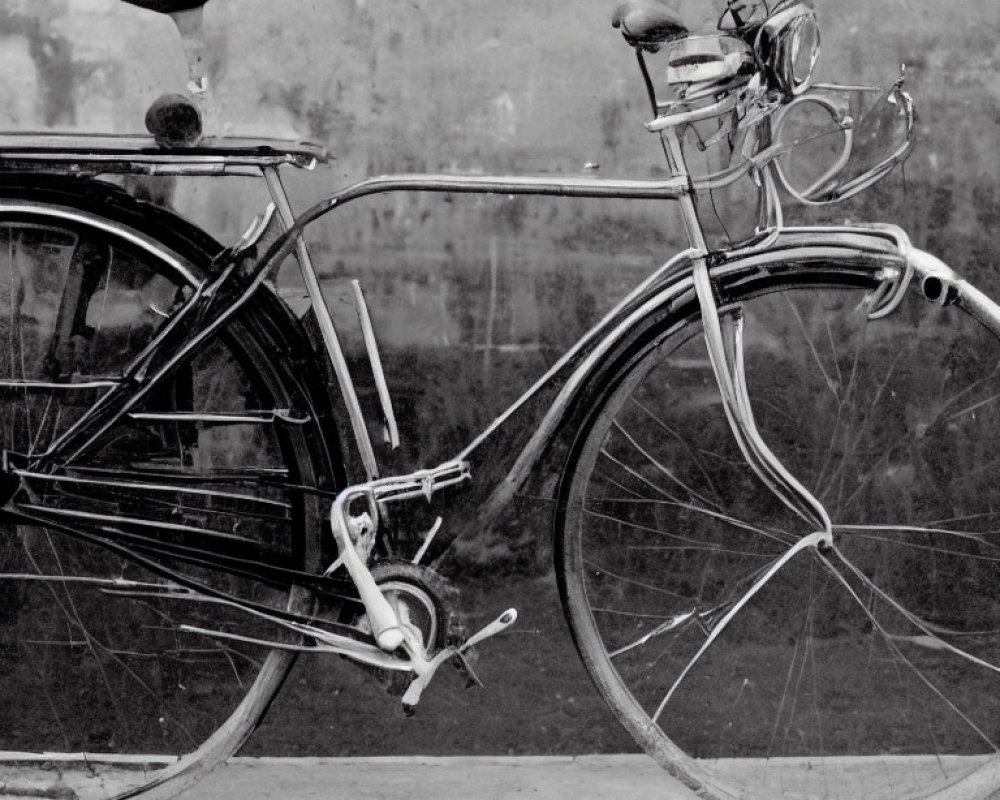 Vintage black and white photo of old-fashioned bicycle with headlamp and spring saddle.