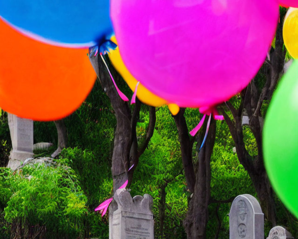 Colorful balloons against cemetery backdrop showing celebration and solemnity contrast.