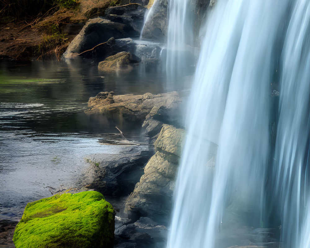 Serene pool with cascading waterfall and vibrant moss under soft light