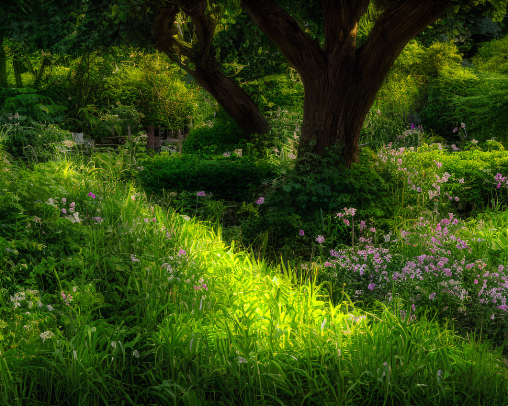 Sunlight filtering through tree onto lush greenery and purple flowers