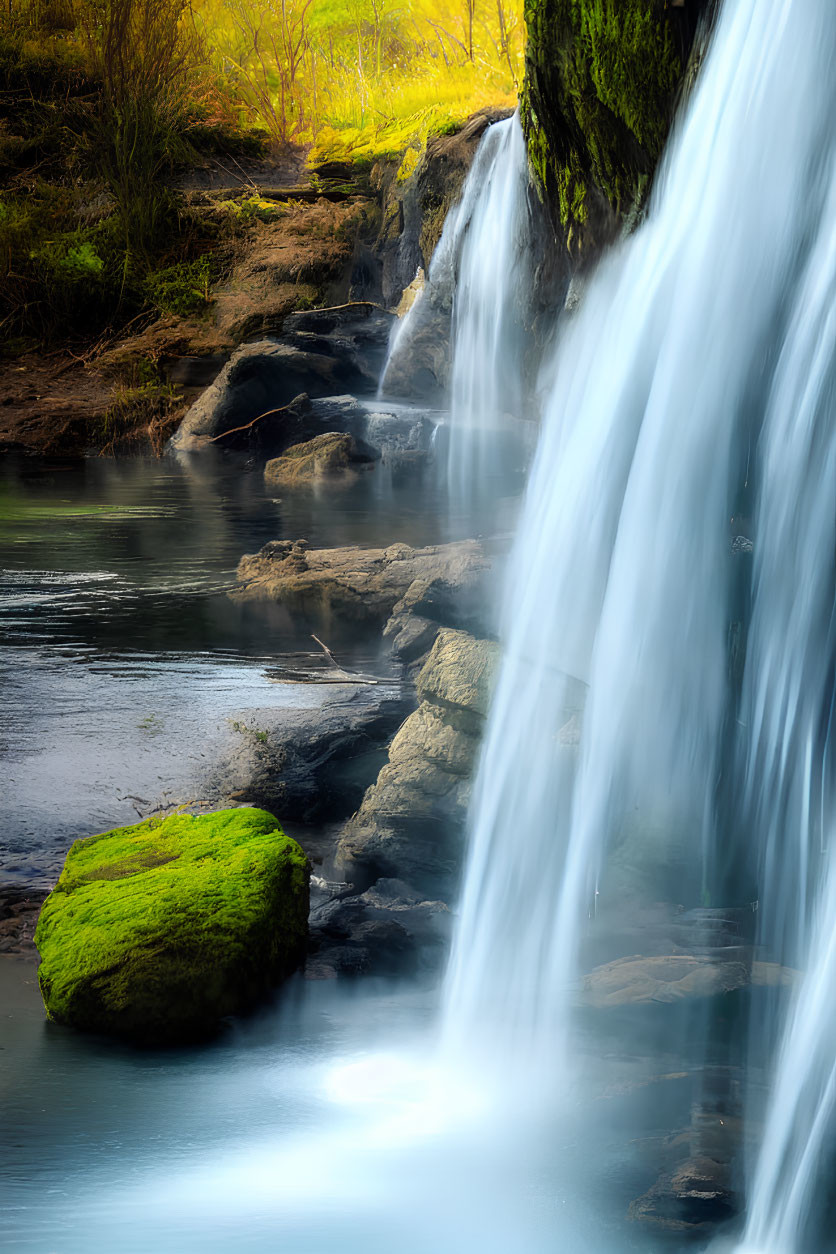 Serene pool with cascading waterfall and vibrant moss under soft light
