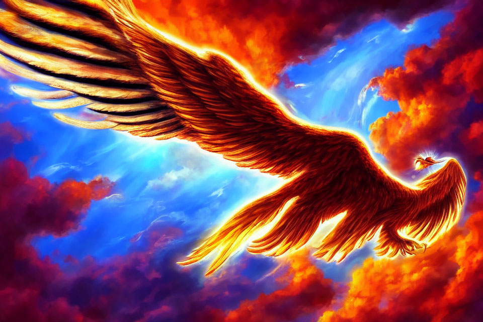 Majestic Phoenix Flying with Fiery Wings in Vibrant Sky
