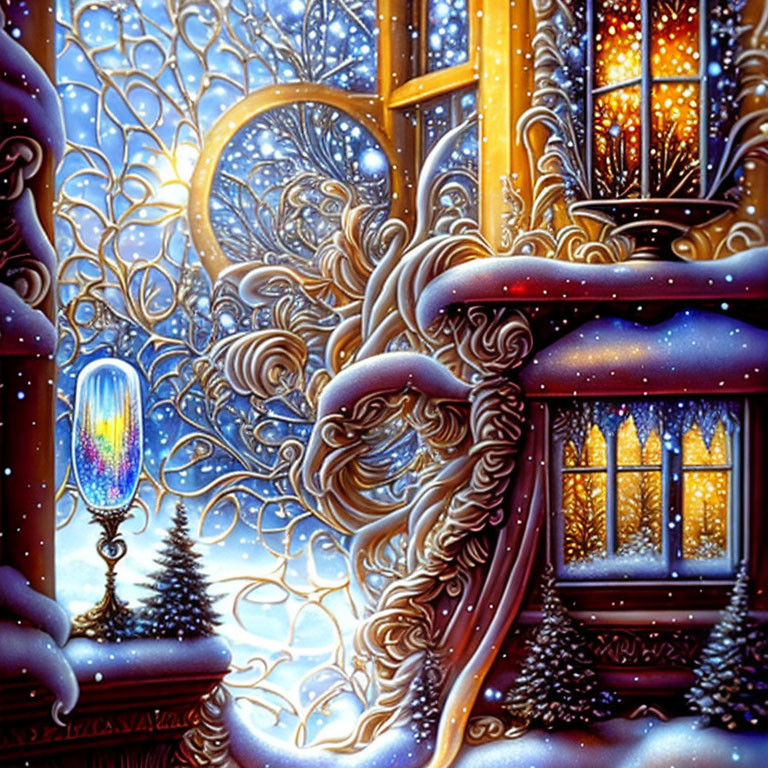 Snowy scene with ornate windows, lion sculpture, and colorful lantern.