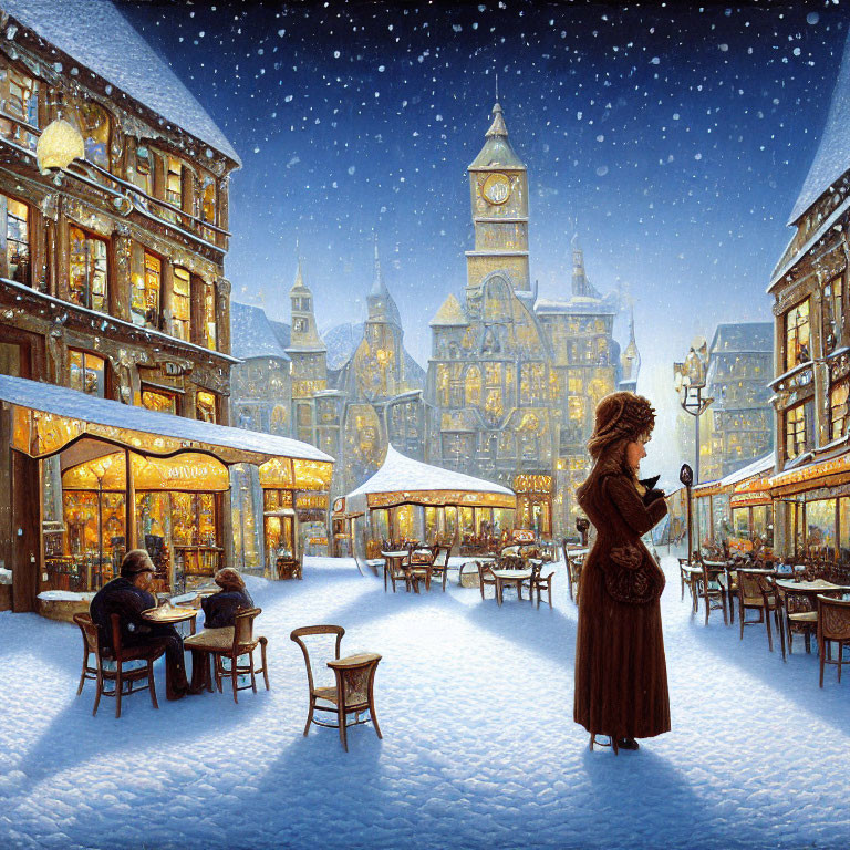 Snowy Evening Outdoor Cafe Scene with Woman in Brown Coat and Illuminated Clock Tower