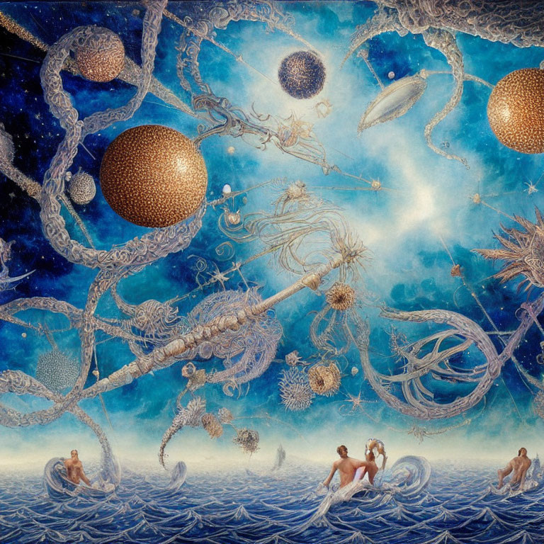 Surreal cosmic painting with human-like figures in blue ocean