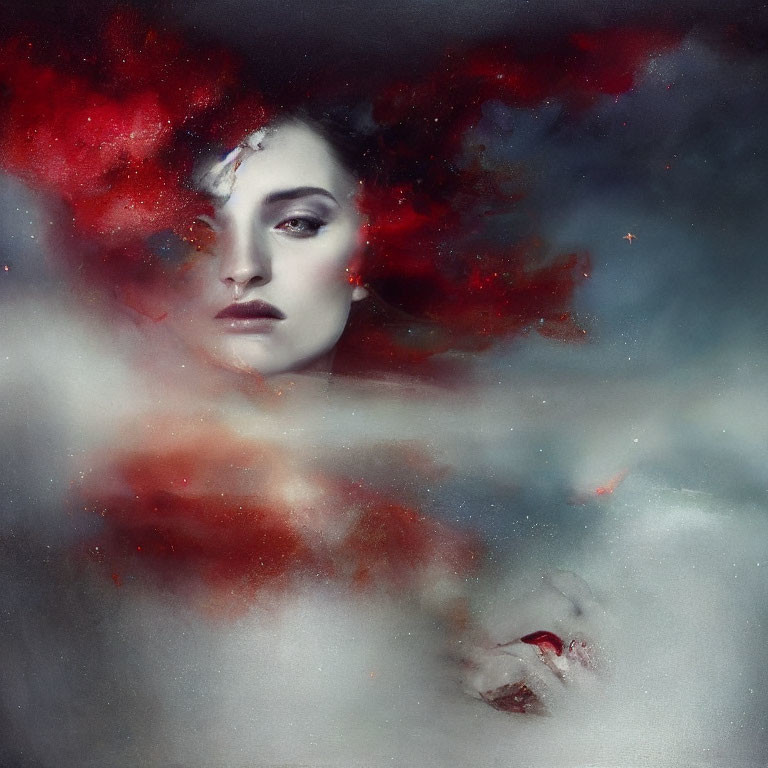 Portrait of woman with pale skin, dark hair, and red smoky swirls.