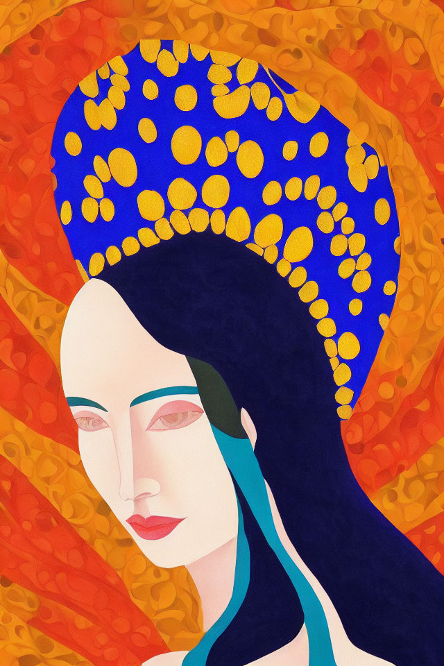 Vibrant illustration of woman with blue and gold headpiece on red-orange backdrop
