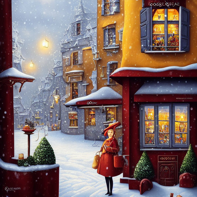 Woman in Red Coat Stands in Snowy Twilight Street