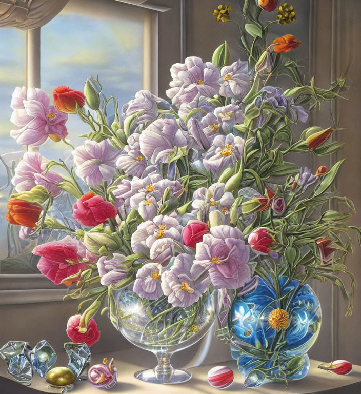 Colorful Still Life Painting with Flowers, Vase, Window, and Marbles
