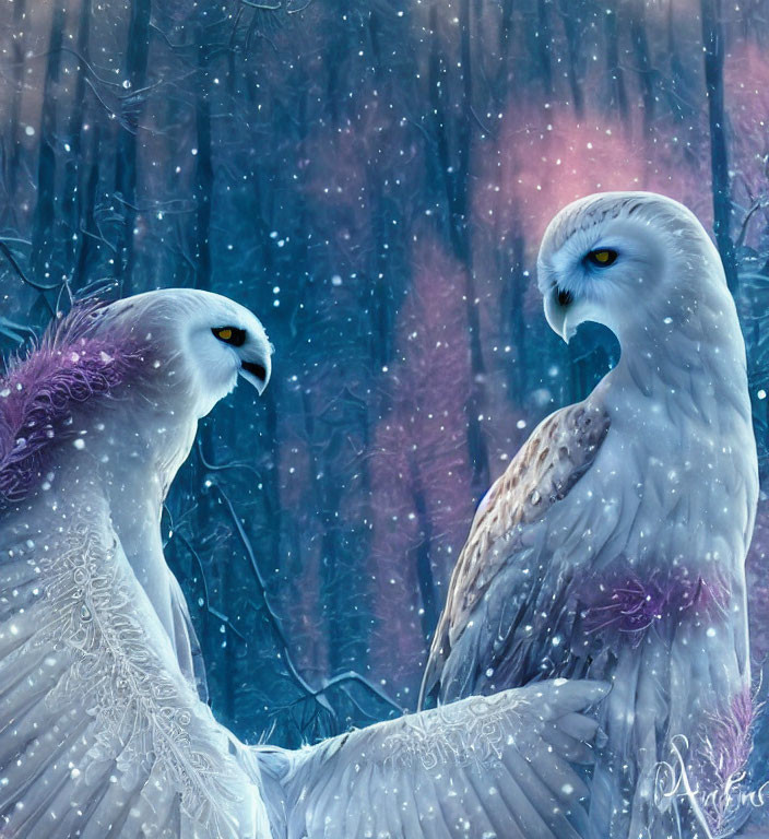 Majestic snowy owls with intricate feather patterns in a snowy setting
