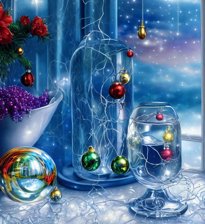 Holiday-themed glass arrangement with string lights, ornaments, flowers, and snowy window scene