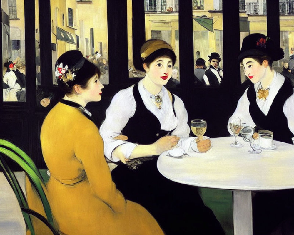 Elegantly dressed women chatting at outdoor café table
