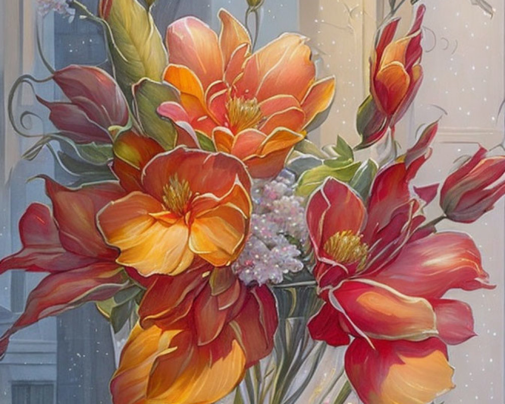 Orange Tulips Bouquet in Clear Vase by Window with Soft Light