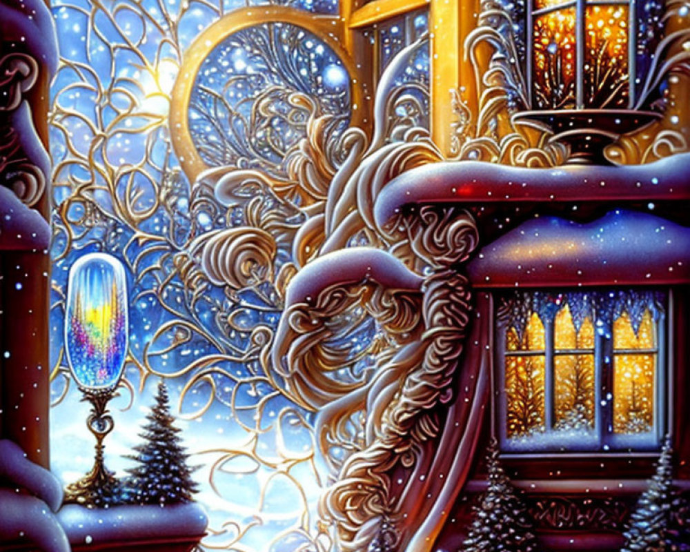 Snowy scene with ornate windows, lion sculpture, and colorful lantern.