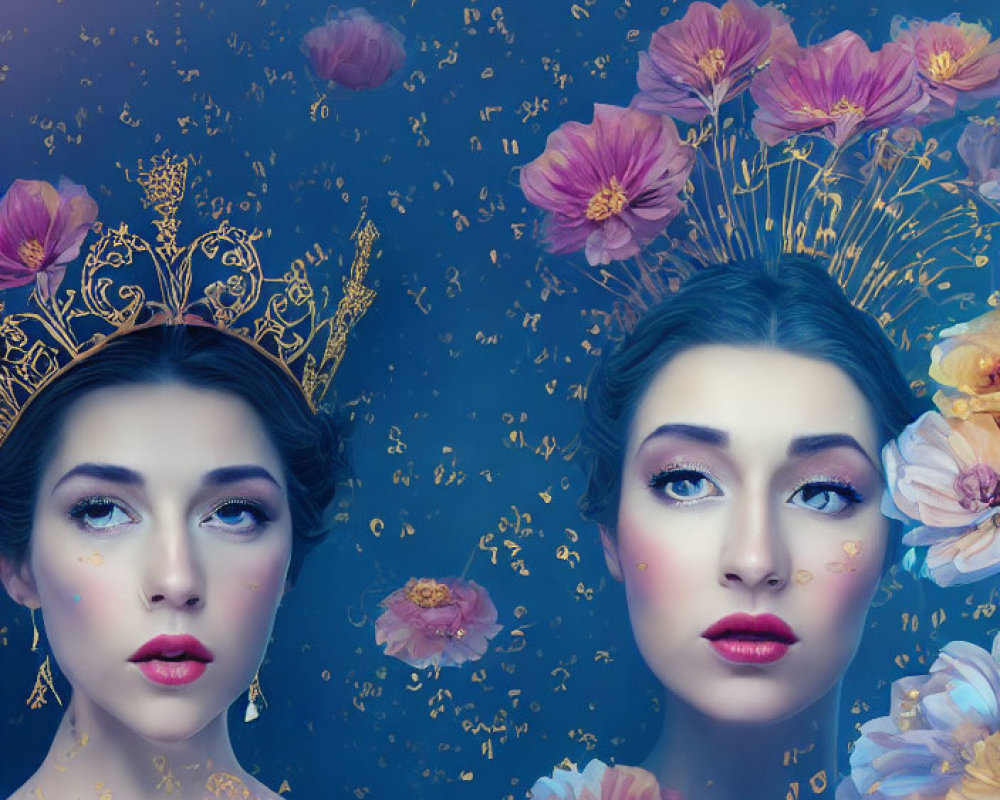 Two women with golden crowns and floral motifs in pink flowers on dark blue.