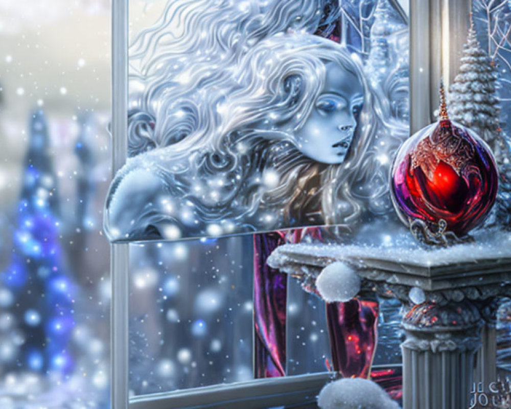 Surreal feminine ice sculpture with flowing hair by window and red Christmas ornament in snowy landscape