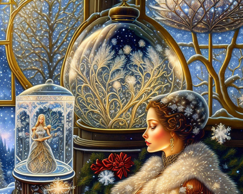 Woman in fur cloak admires winter snow globe with frosty trees and starry skies