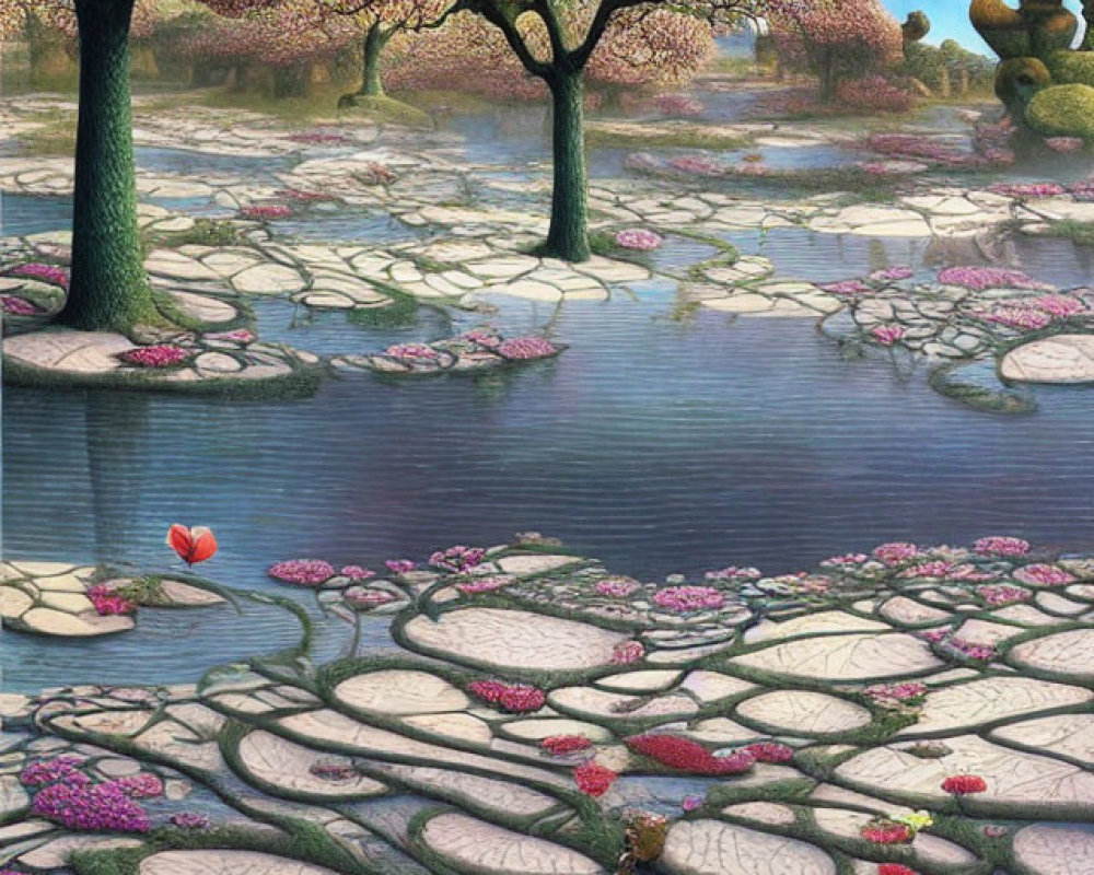 Surreal landscape with cherry blossom trees, lotus river, stone paths, & golden spires