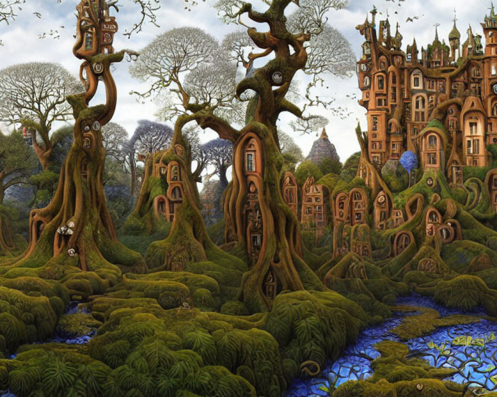Enchanted forest with towering treehouses and castle by blue stream