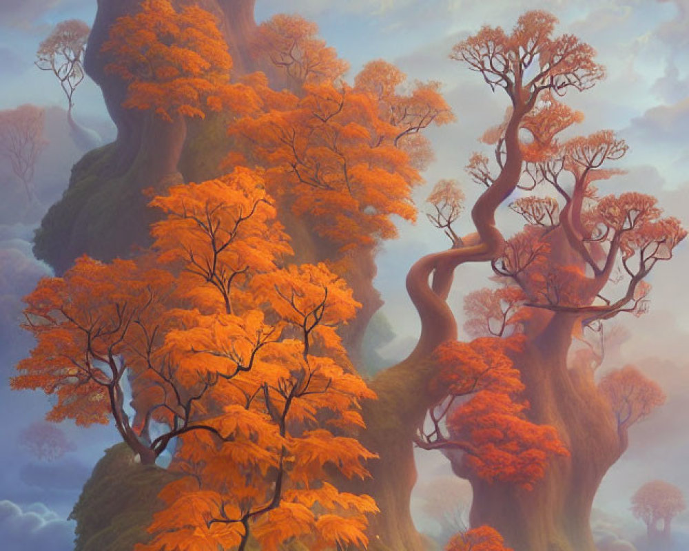Enchanting forest with towering orange-leaved trees and misty ambiance.