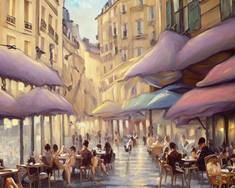 Impressionist-style painting of a bustling street café scene