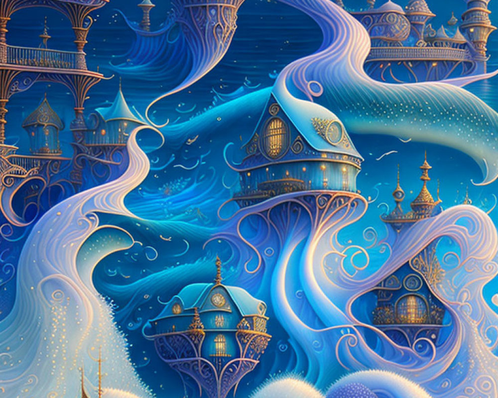 Fantastical illustration: Magical starry night with swirling blue waves and ornate enchanted city.