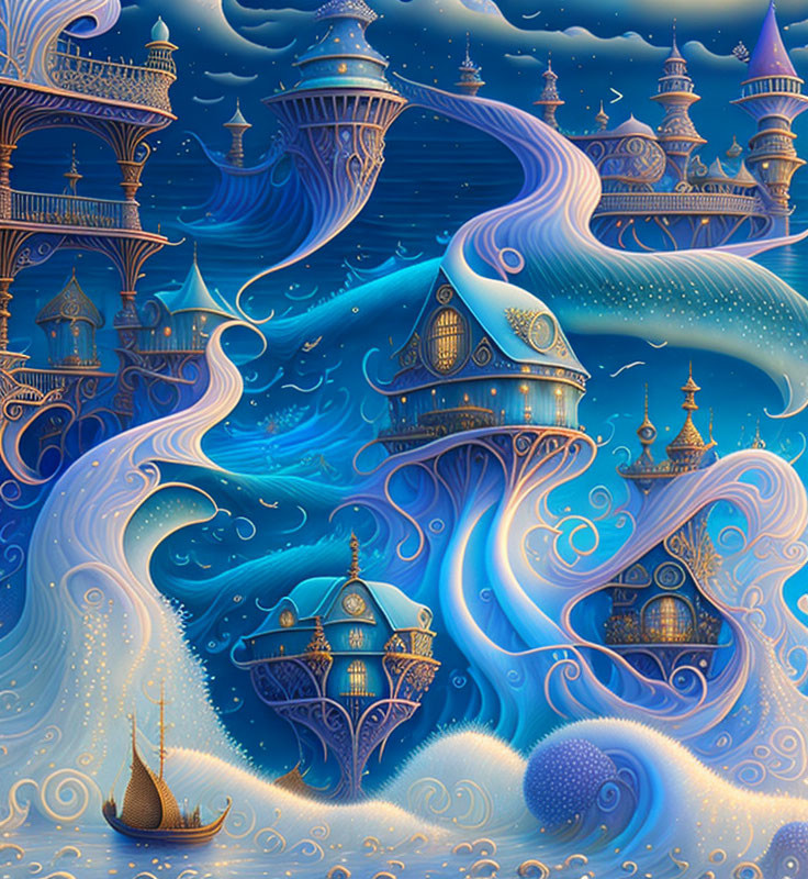Fantastical illustration: Magical starry night with swirling blue waves and ornate enchanted city.