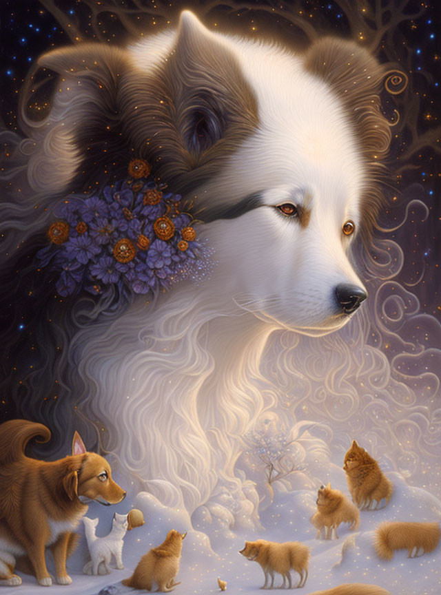 Ethereal illustration of giant white dog with floral adornment in snowy landscape